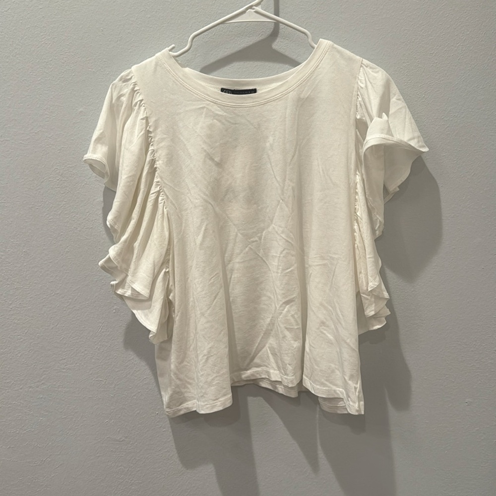 White open sleeve Zara ruffle tee